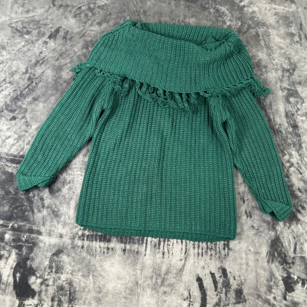 Golden Touch Cowl Neck Sweater Womens L Green Fringe Trim Ribbed Chunky Knit